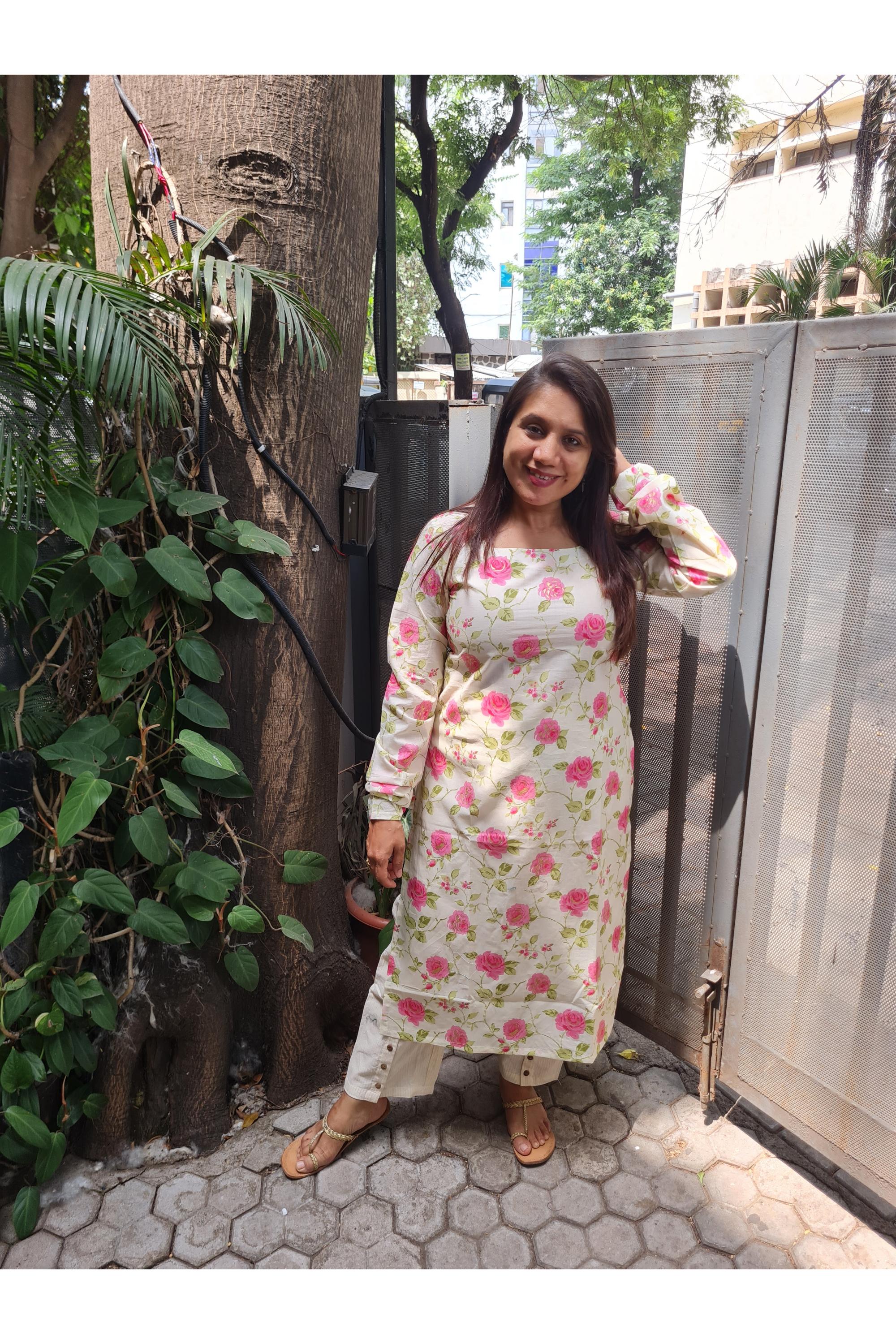 Classic Floral Cotton Kurti Ready-to-Wear – Elegant Ethnic Design D1