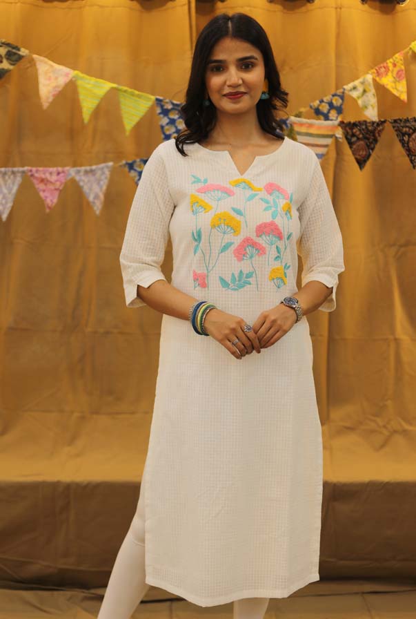 Embroidered Kurta Floral Pink & Yellow
