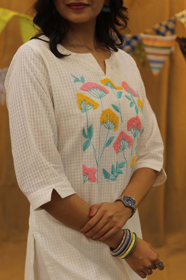 Embroidered Kurta Floral Pink & Yellow