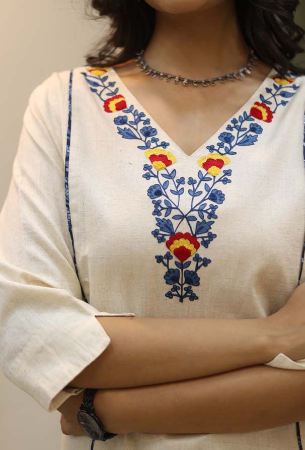 Embroidered Kurta Yellow & Blue Floral Gawaksh Signature