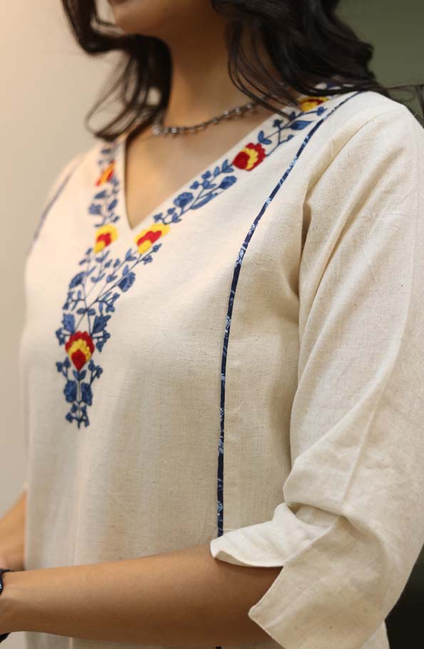 Embroidered Kurta Yellow & Blue Floral Gawaksh Signature