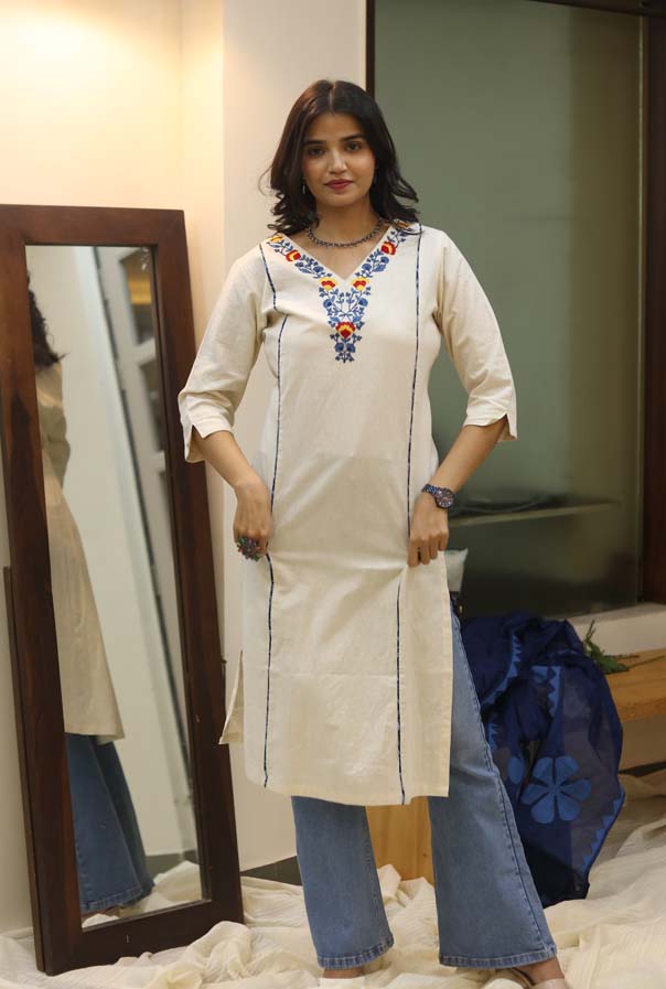 Embroidered Kurta Yellow & Blue Floral Gawaksh Signature