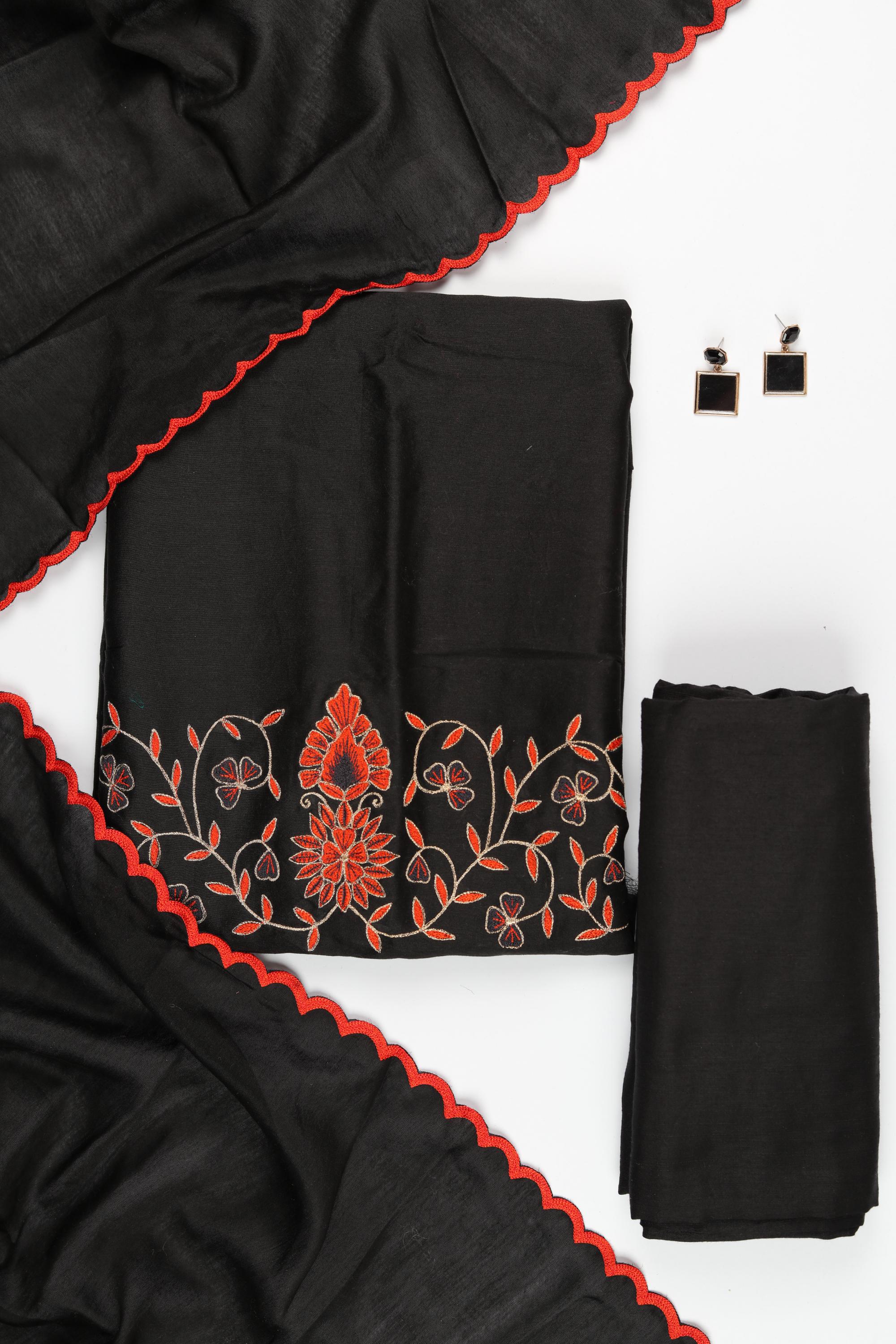 Mull Chanderi Silk 3 Piece Unstitched Set -176