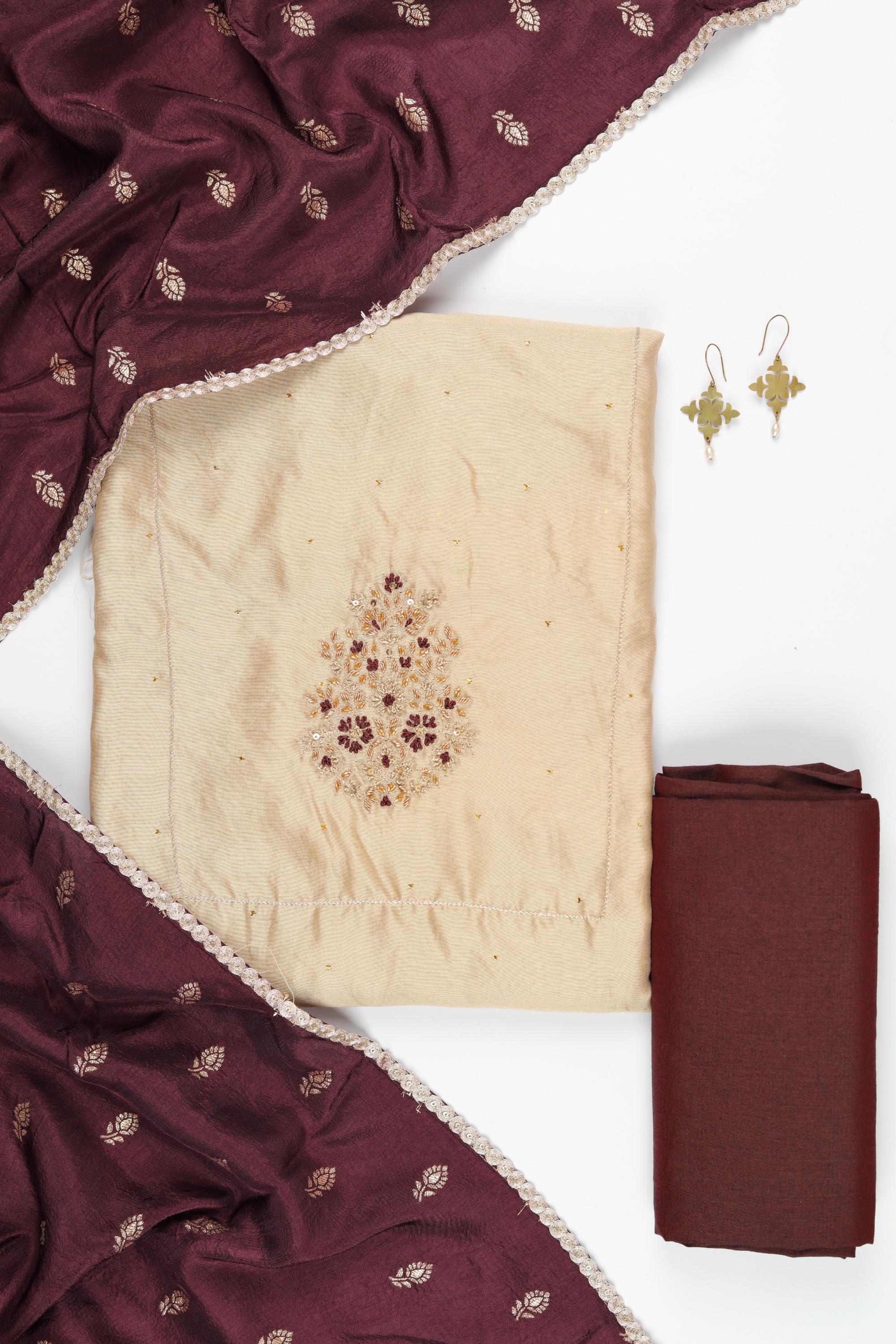 Mull Chanderi Silk 3 Piece Unstitched Set -177