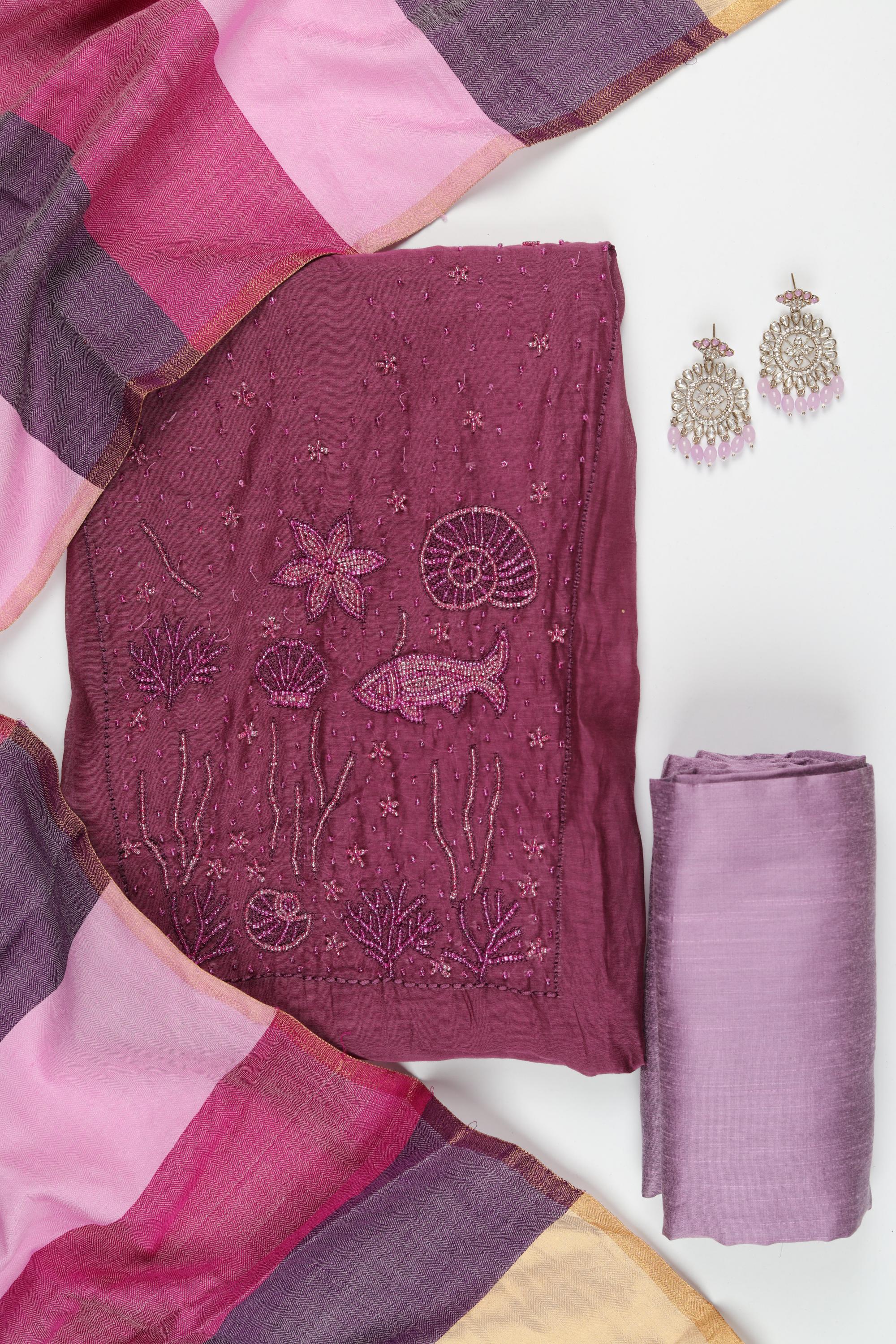Chanderi Silk 3 Piece Unstitched Set -182