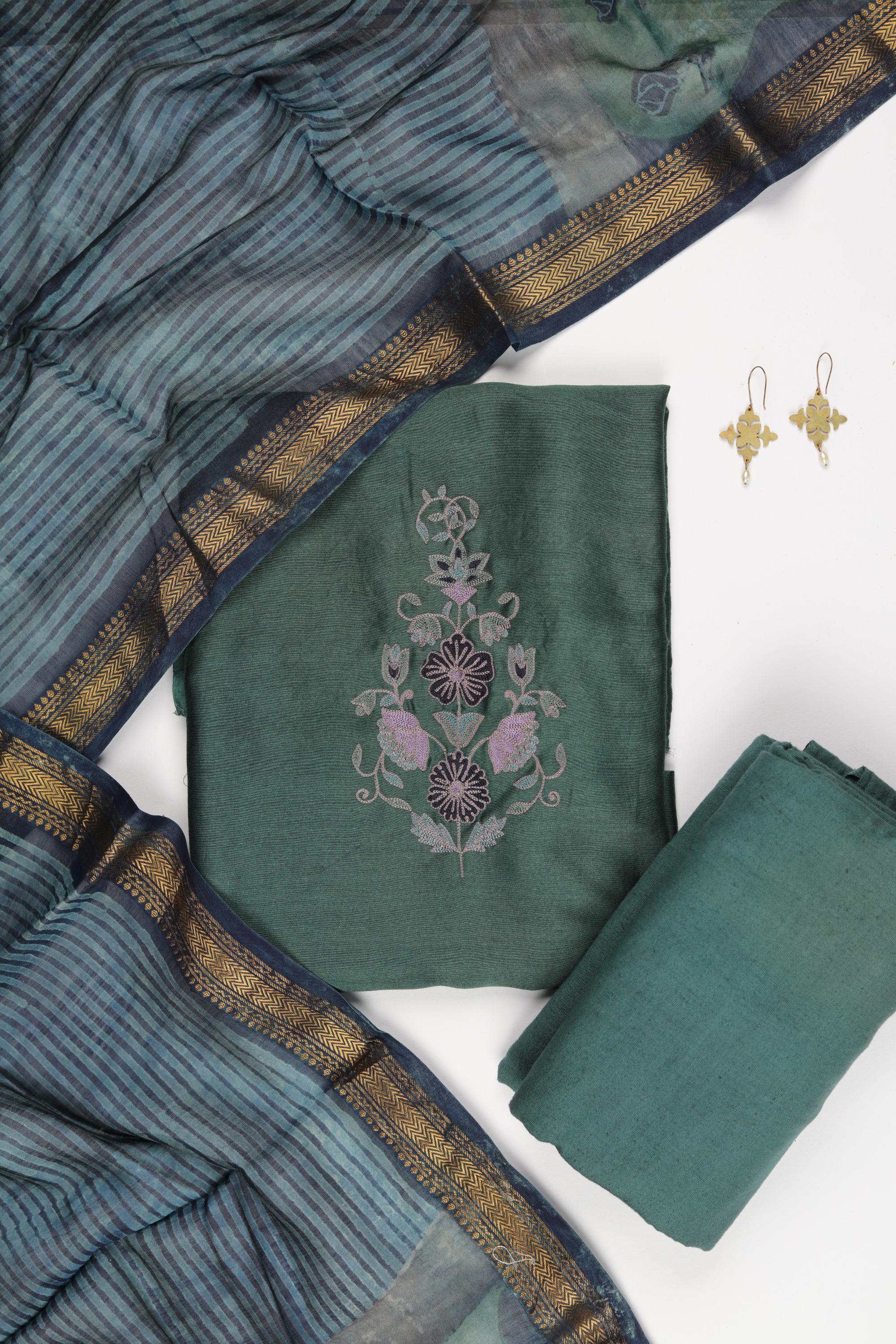 Chanderi Silk 3 Piece Unstitched Set -197