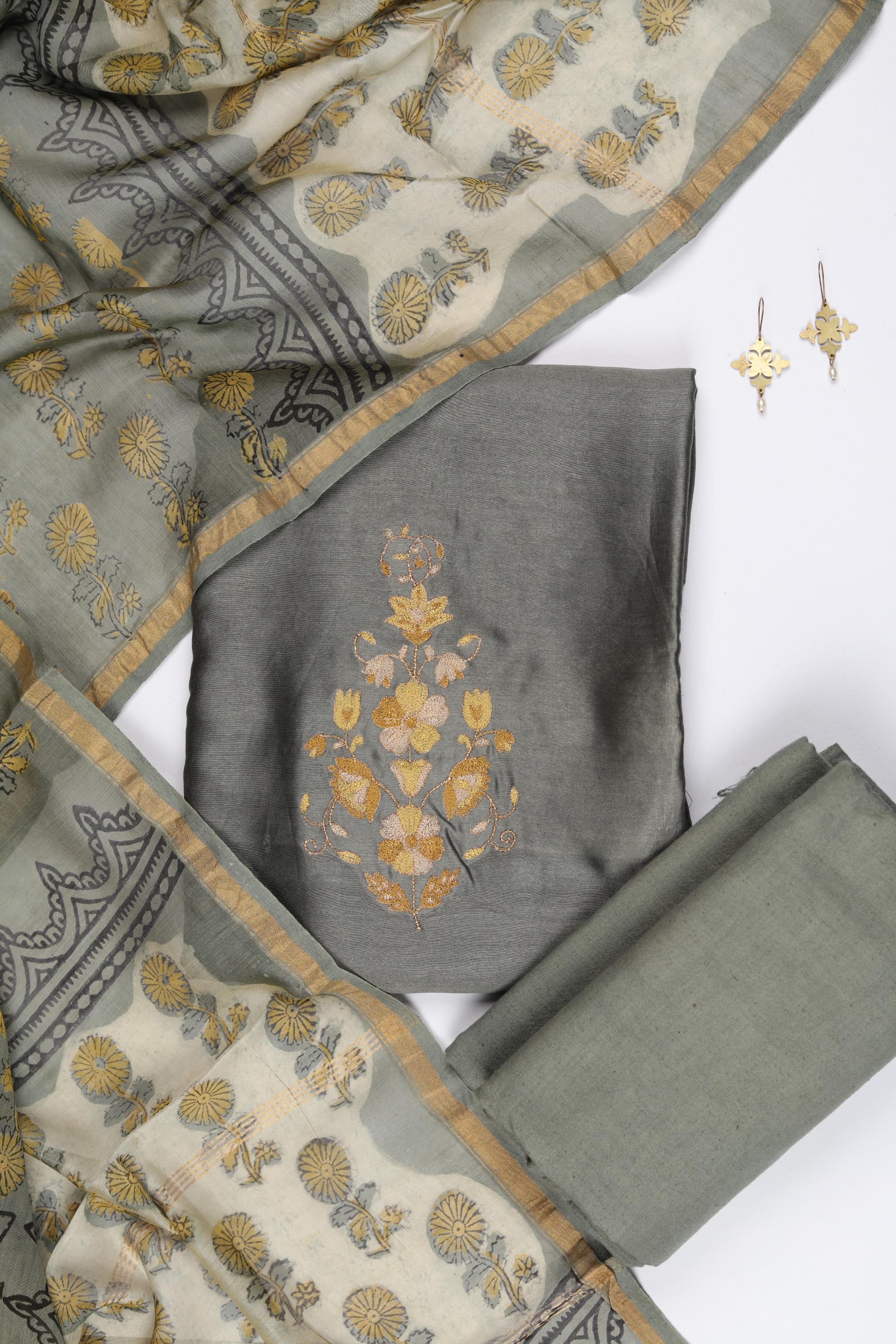 Chanderi Silk 3 Piece Unstitched Set -201