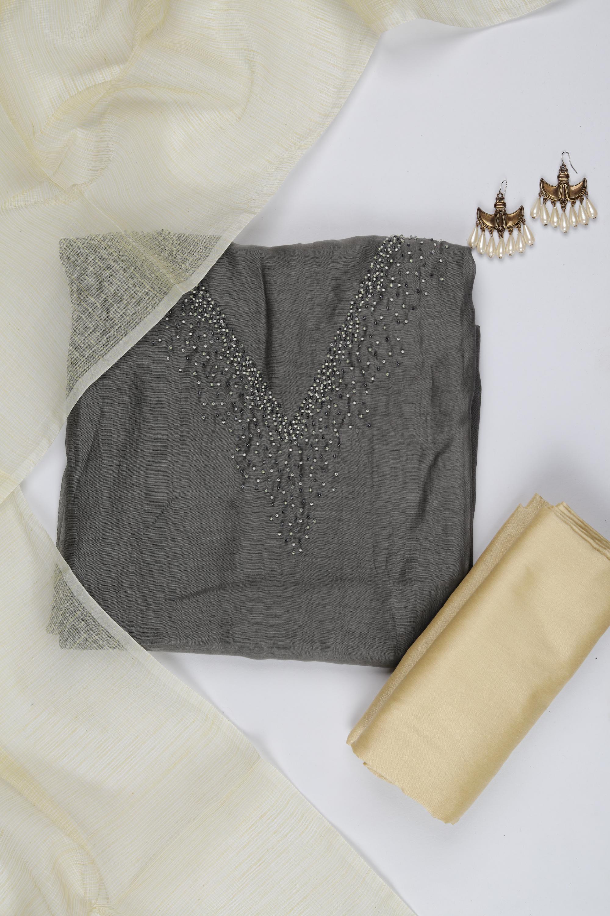 Chanderi Silk 3 Piece Unstitched Set -206