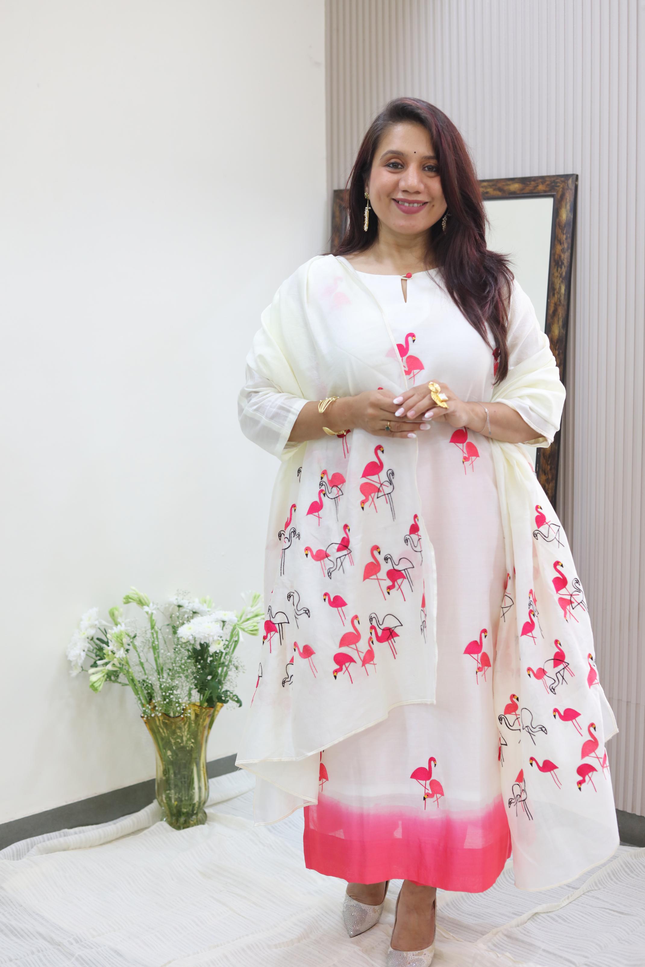 Elegant Mul Chanderi Set with Flamingo Embroidery
