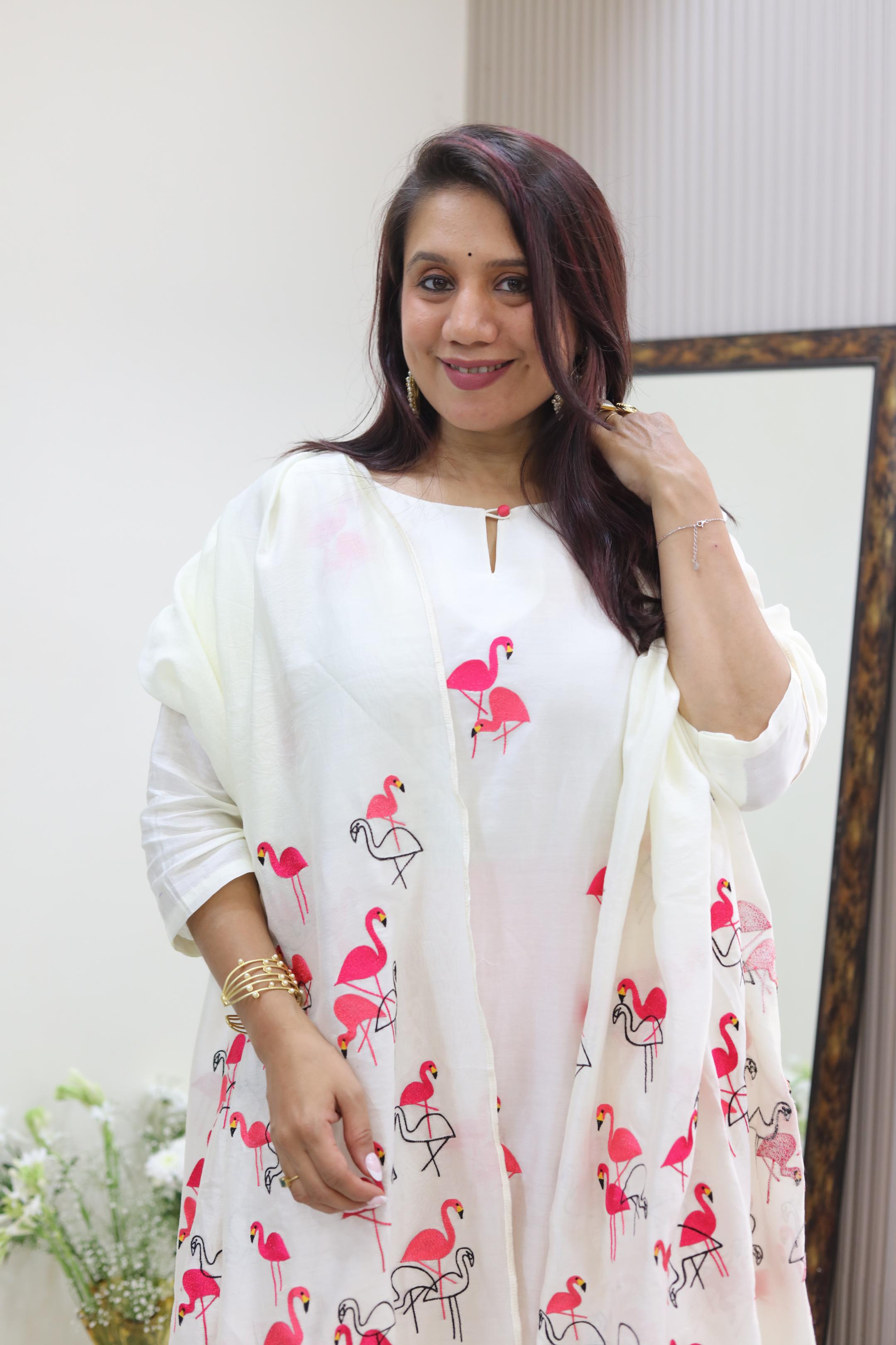 Elegant Mul Chanderi Set with Flamingo Embroidery