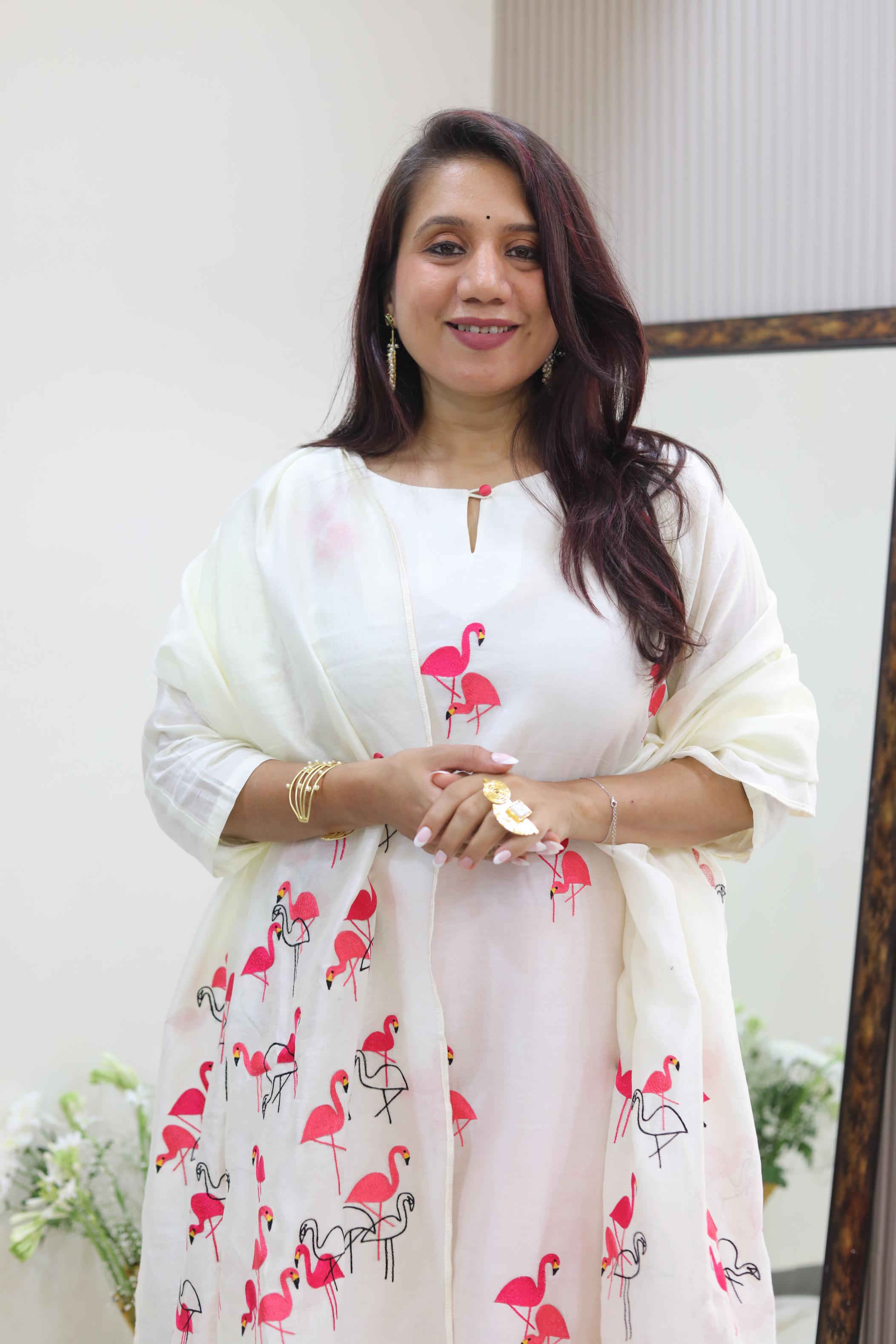 Elegant Mul Chanderi Set with Flamingo Embroidery