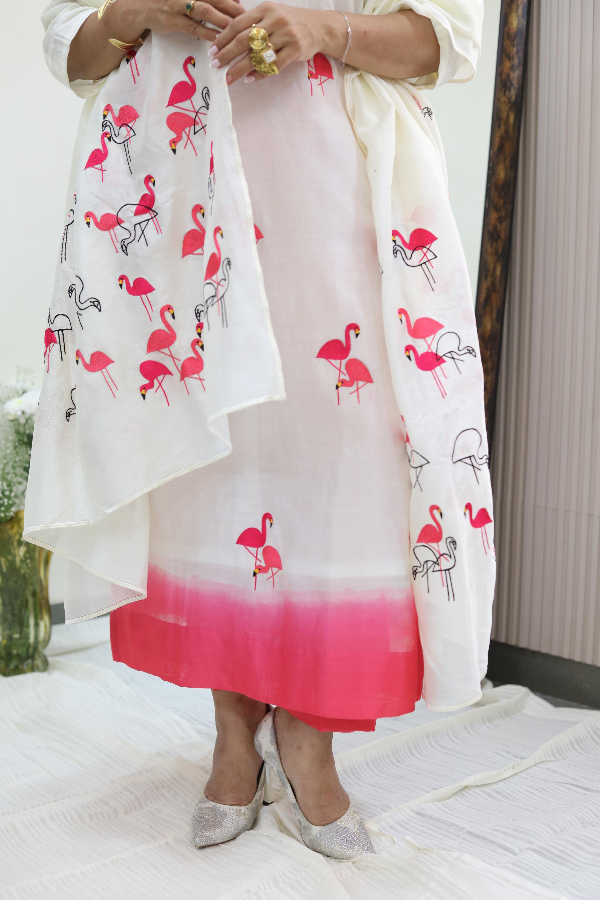 Elegant Mul Chanderi Set with Flamingo Embroidery