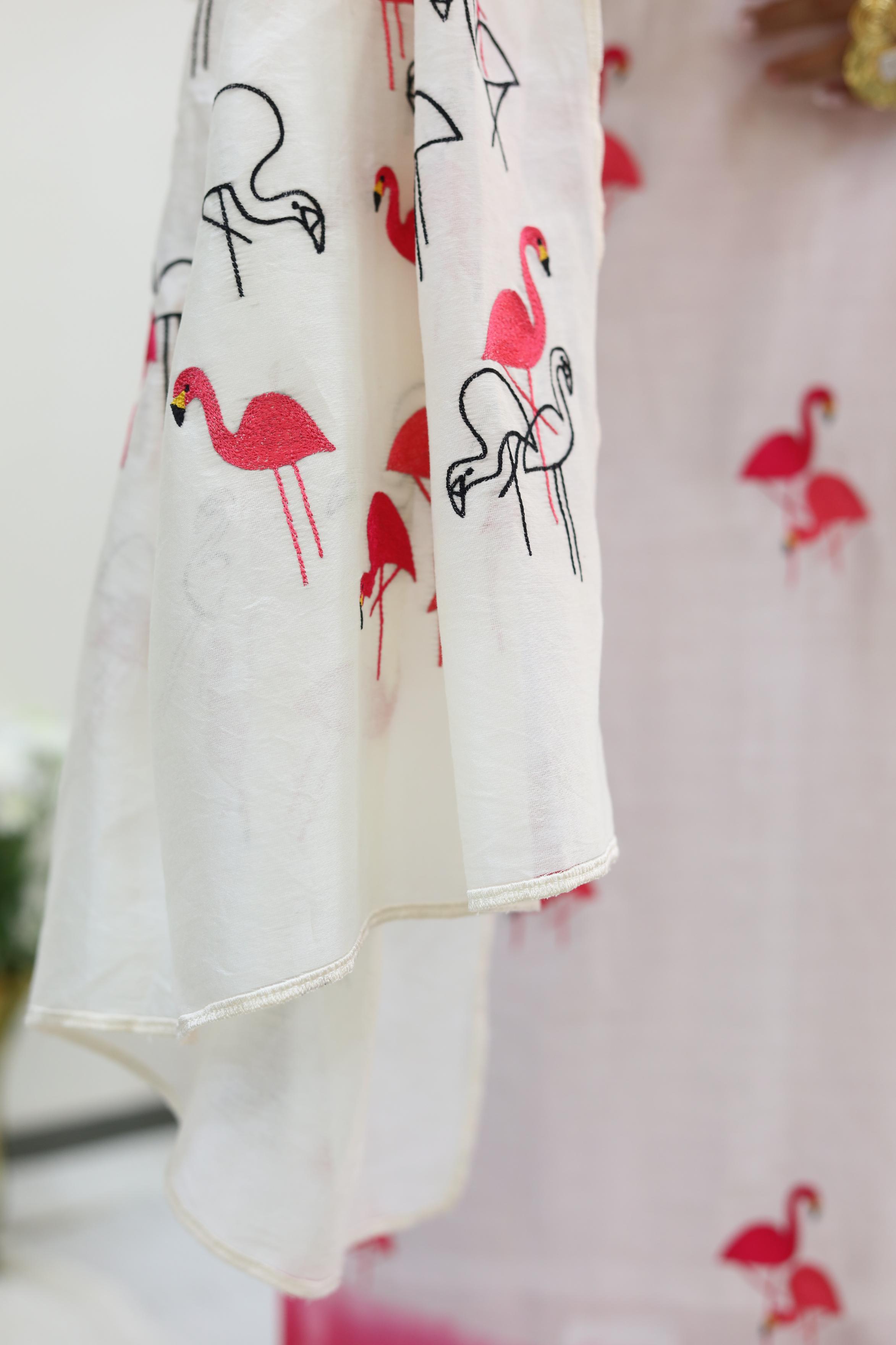 Elegant Mul Chanderi Set with Flamingo Embroidery