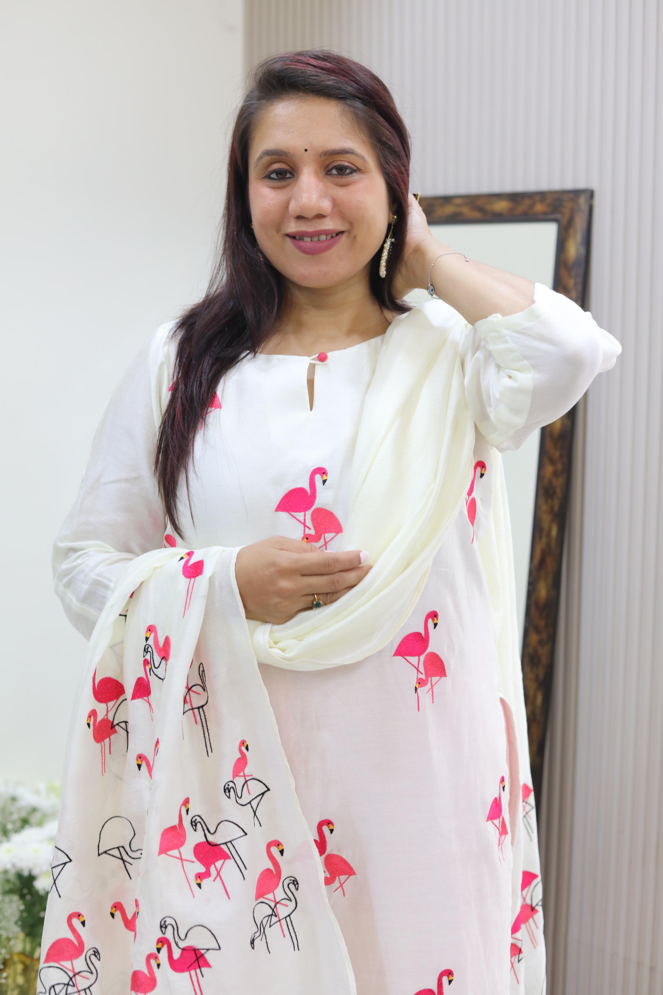Elegant Mul Chanderi Set with Flamingo Embroidery