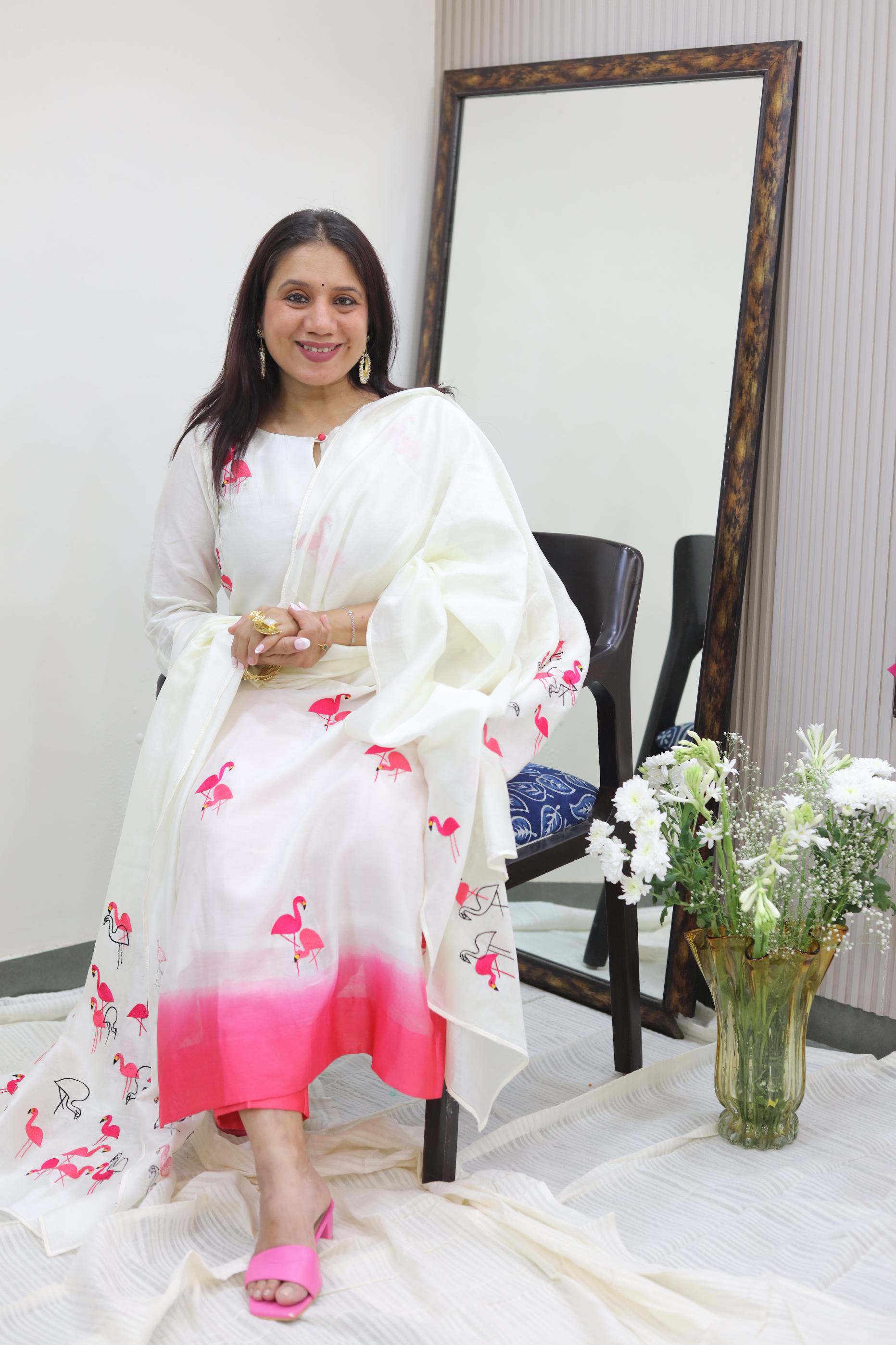 Elegant Mul Chanderi Set with Flamingo Embroidery