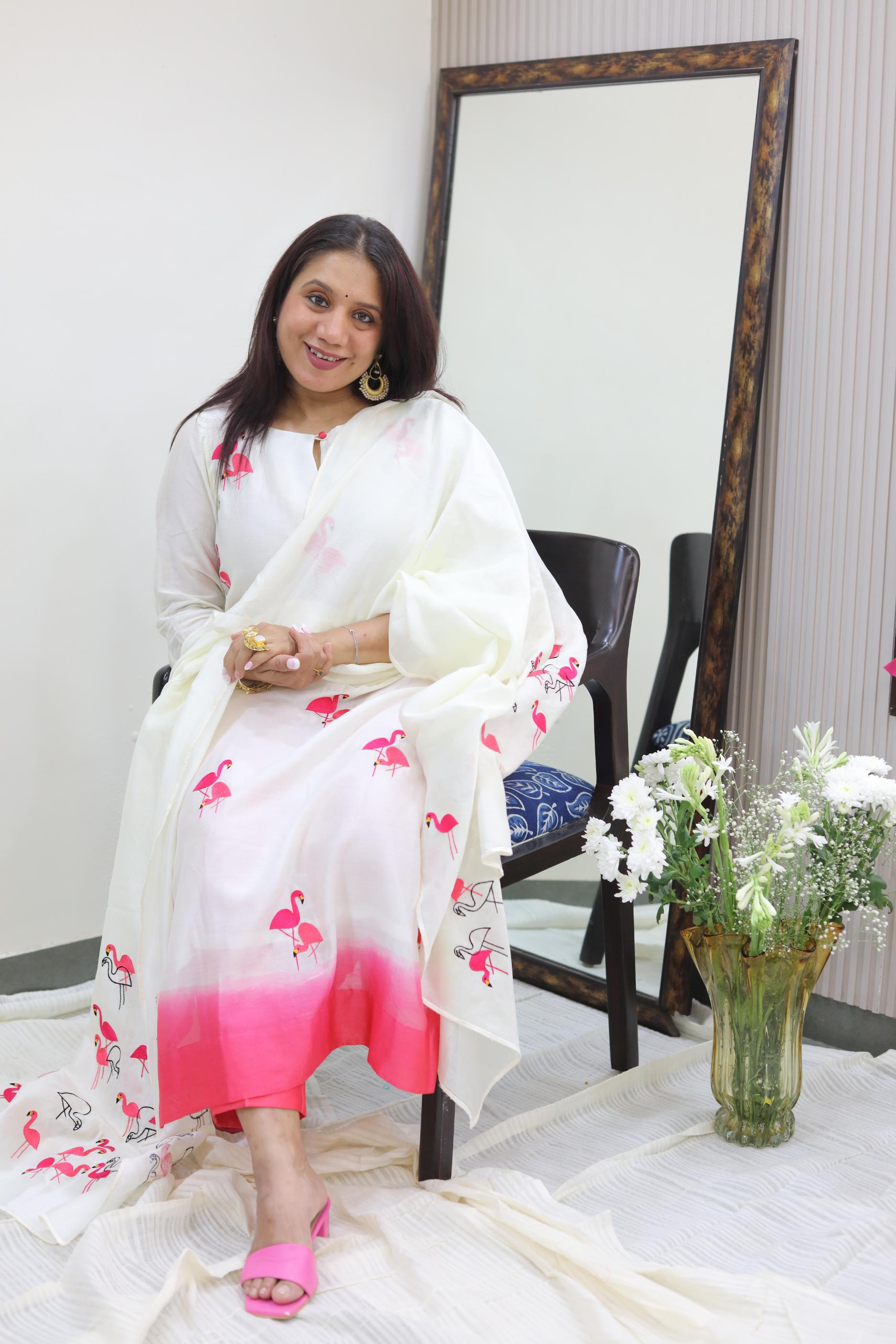 Elegant Mul Chanderi Set with Flamingo Embroidery