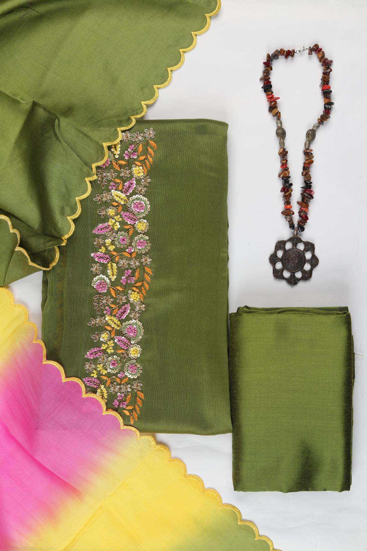 Chanderi 3 Piece Unstitched Suit Set – Elegant Ethnic Design-321