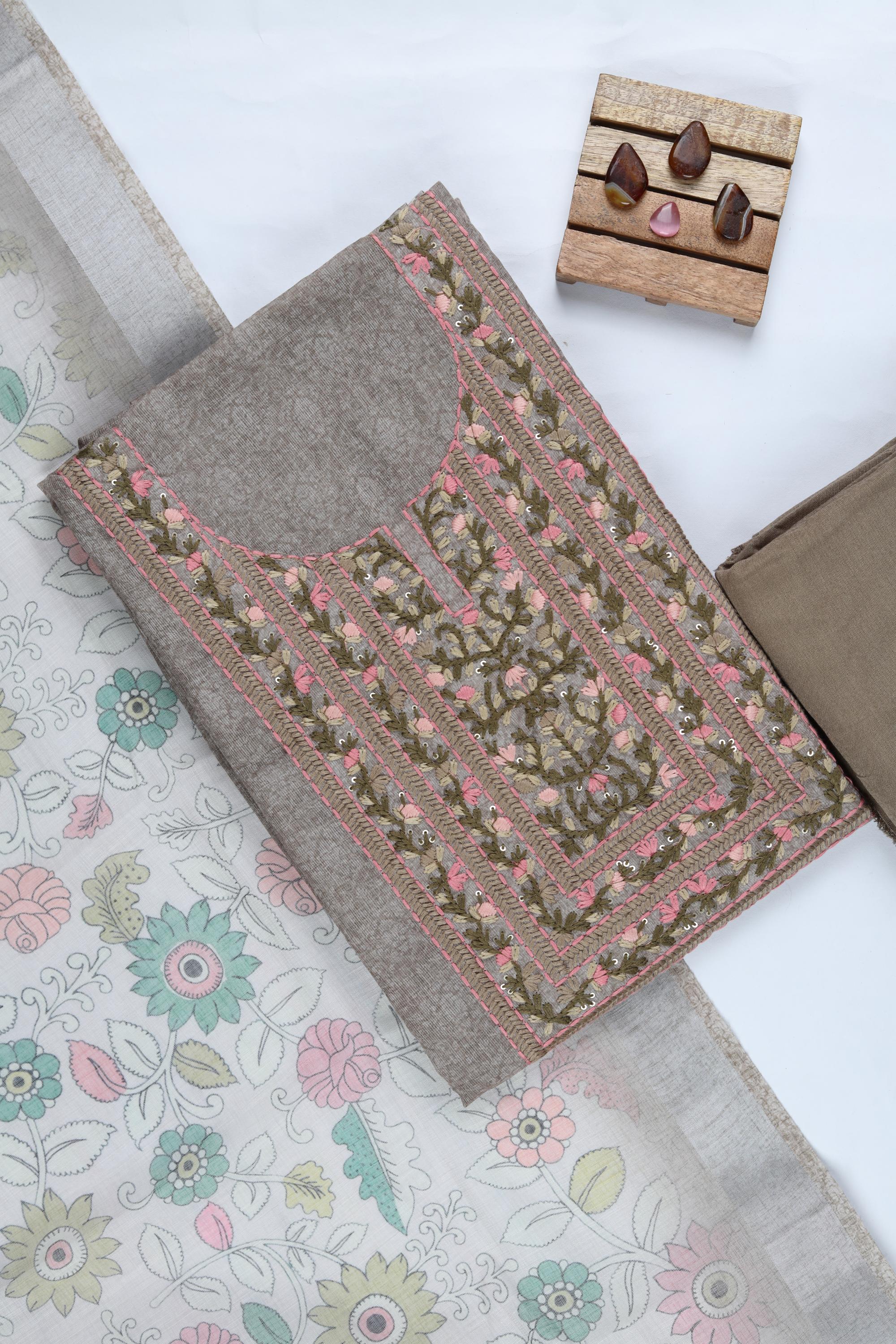 Blended Silk 3 Piece Unstitched Suit Set – Elegant Embroidery-414