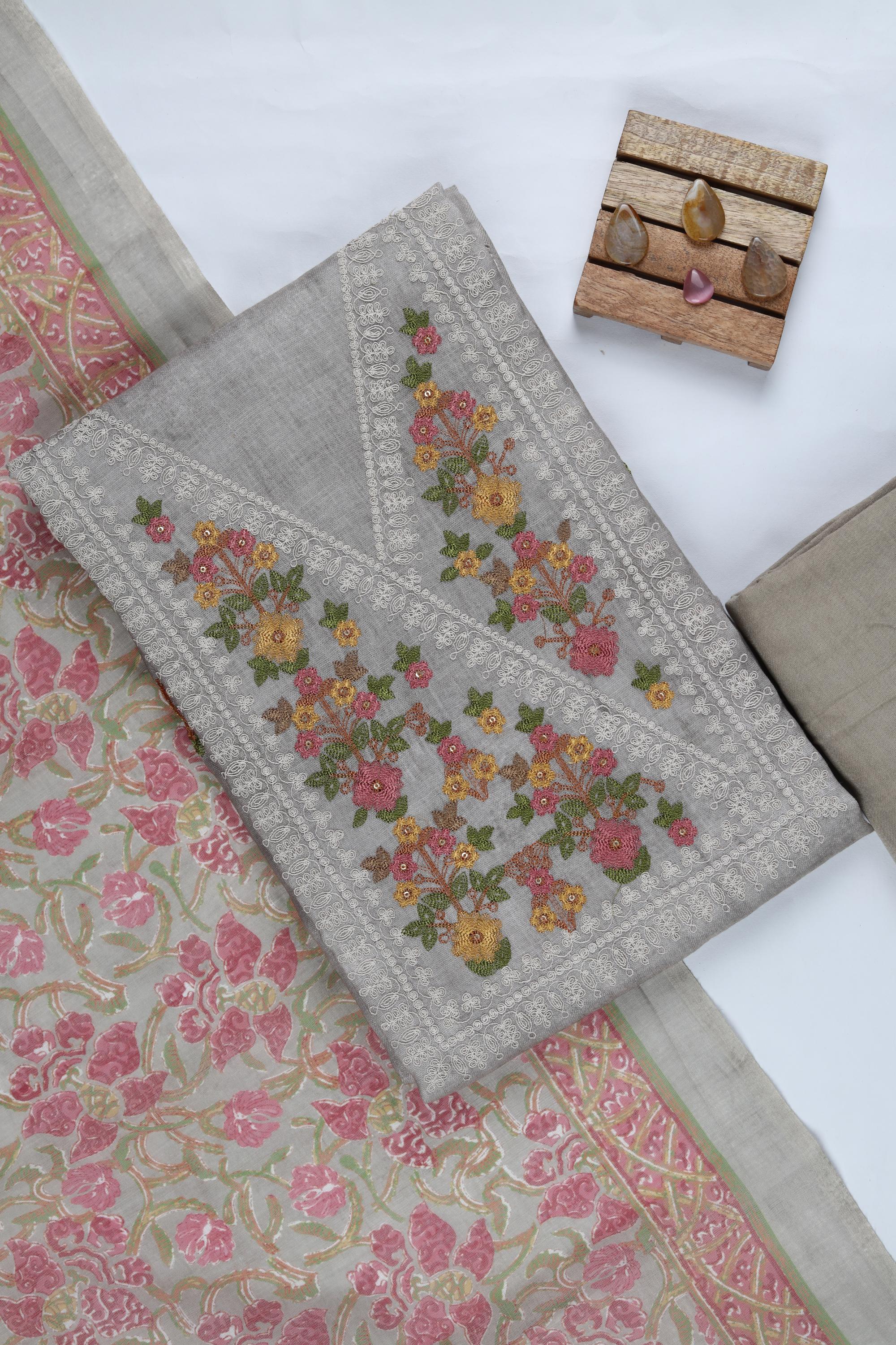 Blended Silk 3 Piece Unstitched Suit Set – Elegant Embroidery-416