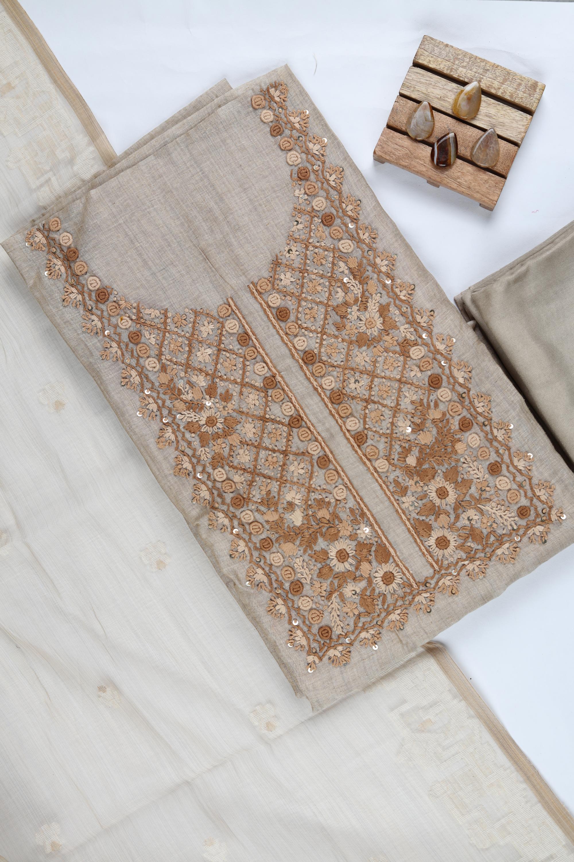 Blended Silk 3 Piece Unstitched Suit Set – Elegant Embroidery-420