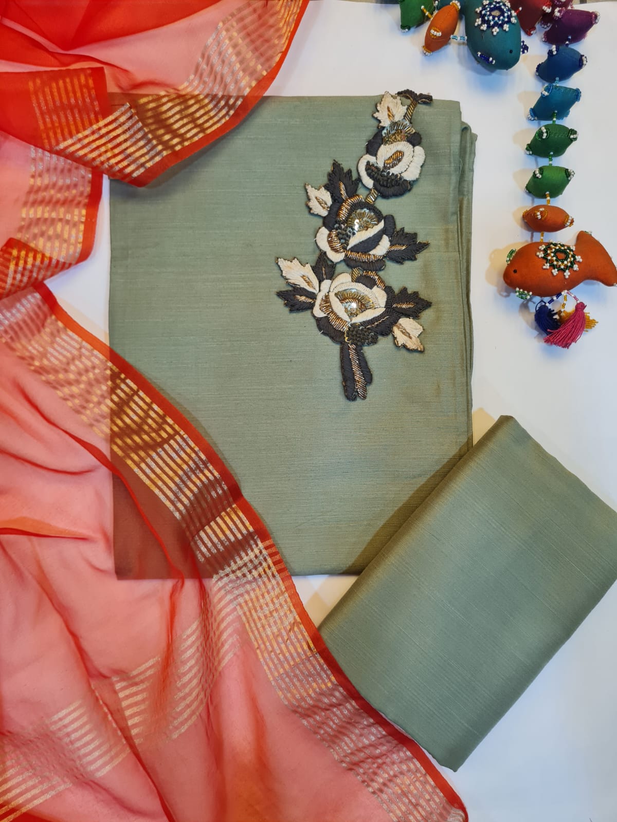 Slub Silk With Net Dupatta Set-23