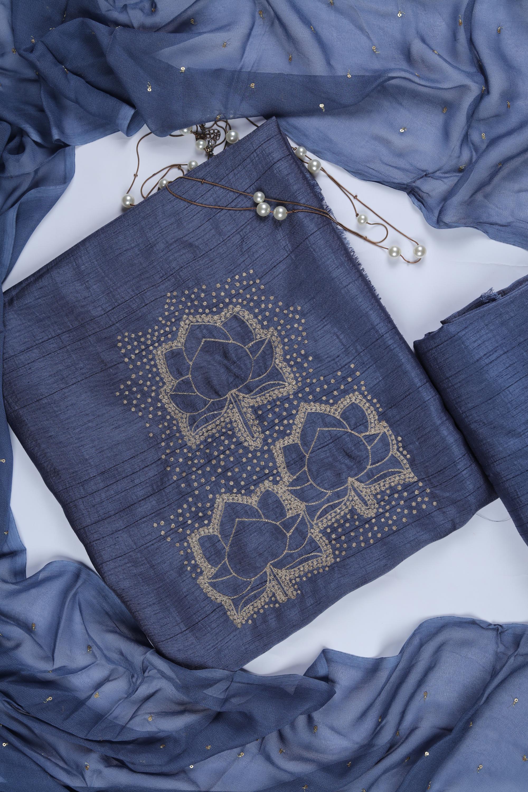 Embroidered Naysa Silk 3 Piece Unstitched Set - Traditional Ethnic Wear