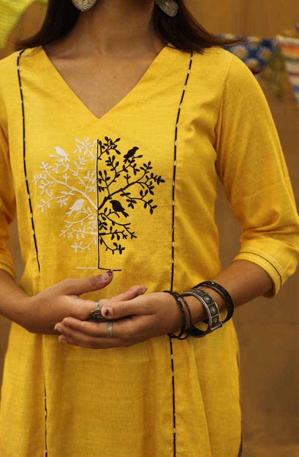 Embroidered Kurta Tree Half & Half on Yellow