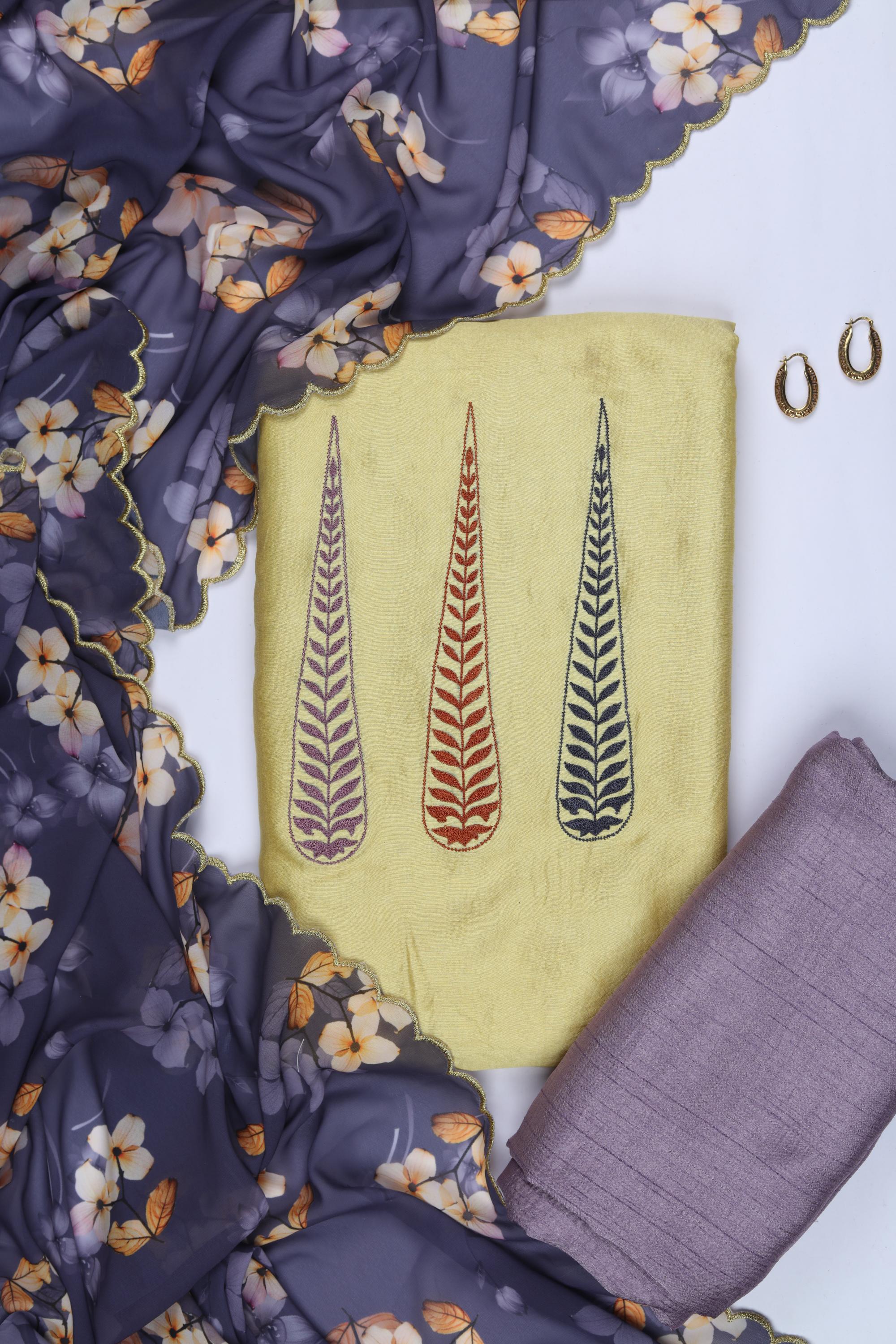 Chanderi Silk 3 Piece Unstitched Set -168
