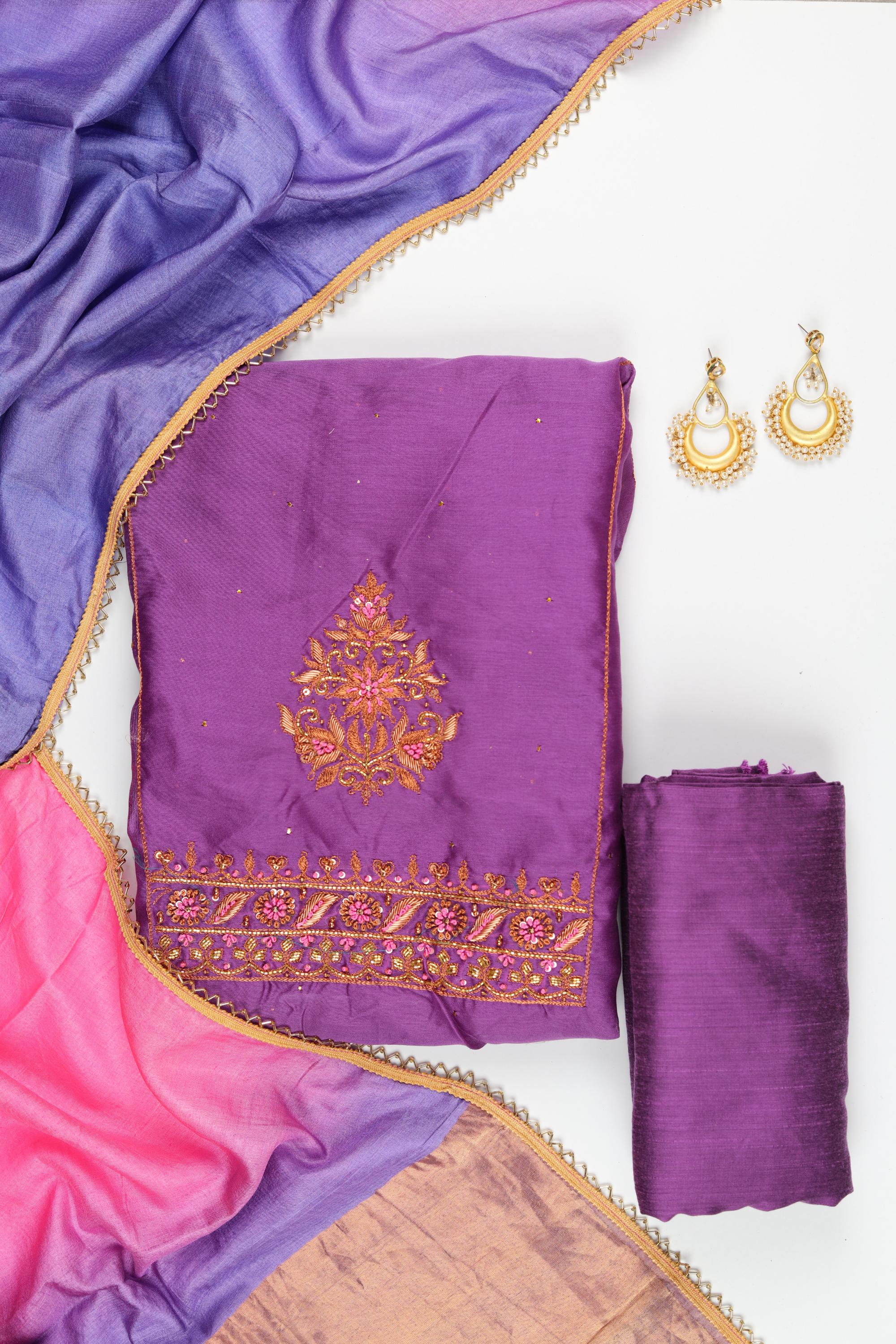 Chanderi Silk 3 Piece Unstitched Set -179
