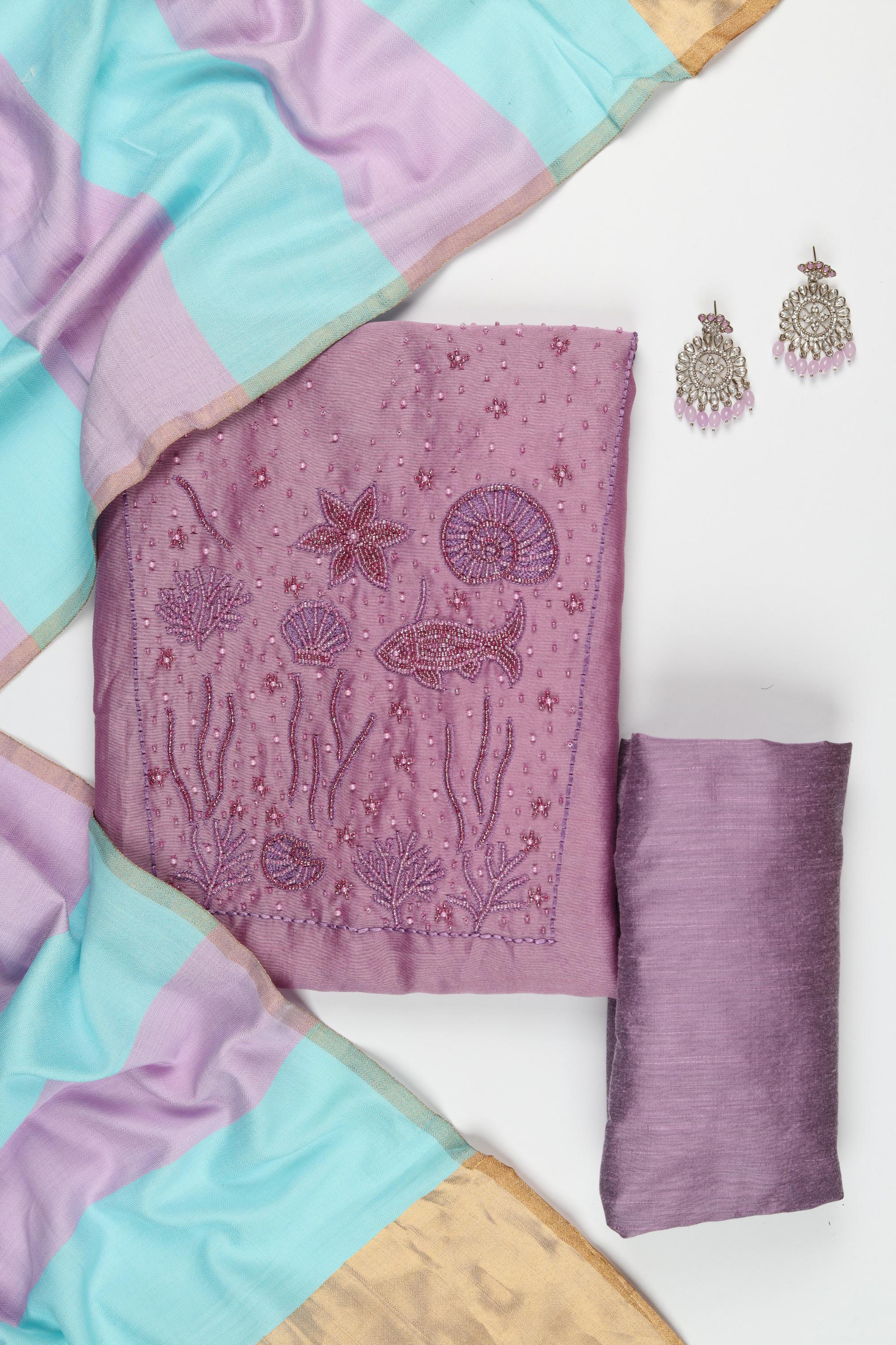 Chanderi Silk 3 Piece Unstitched Set -183