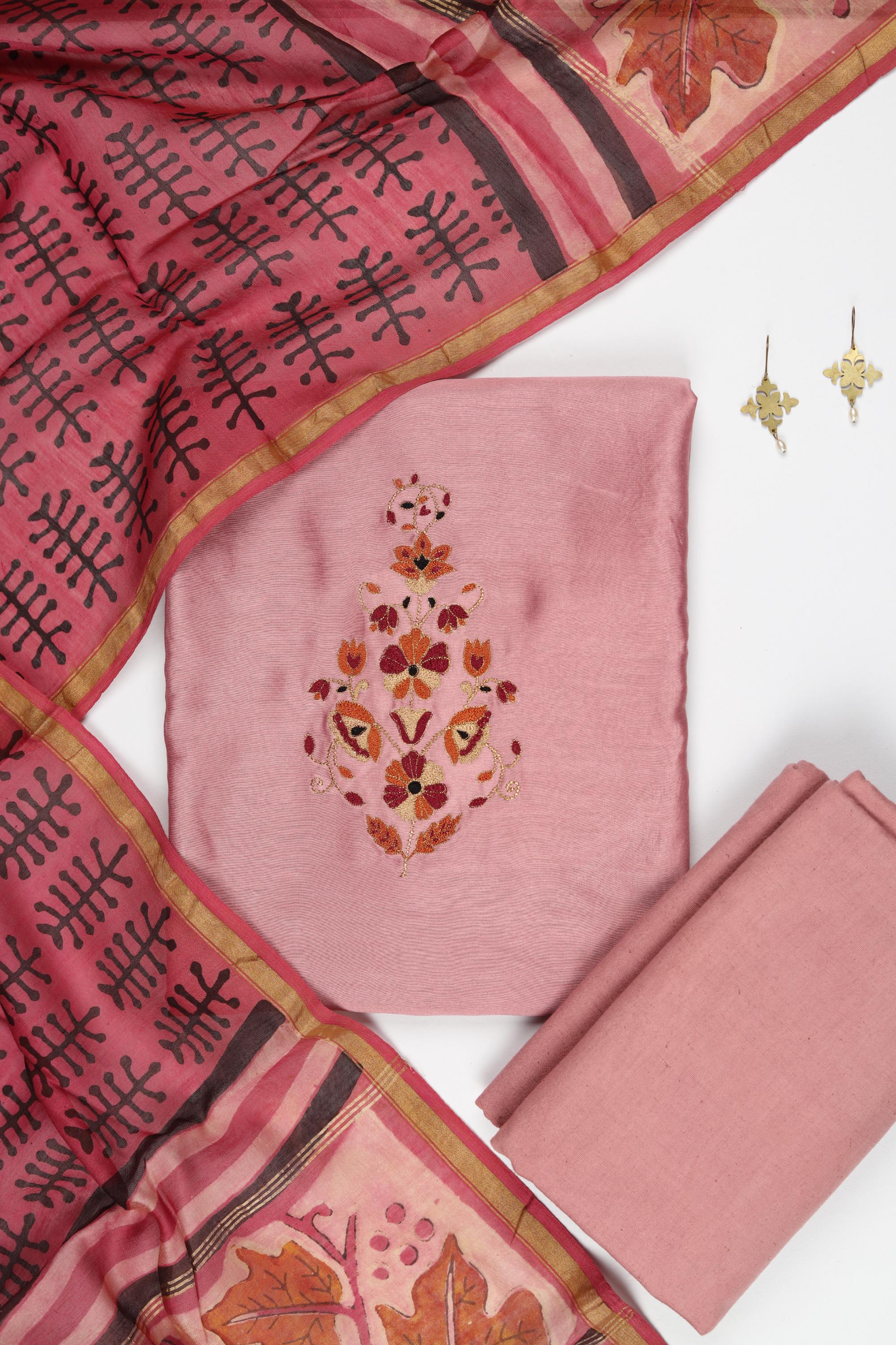 Chanderi Silk 3 Piece Unstitched Set -198