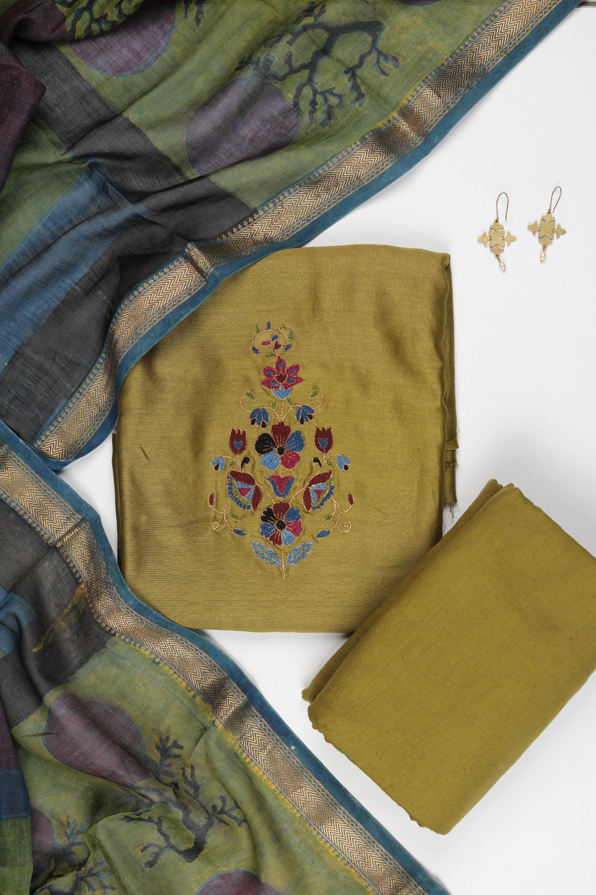 Chanderi Silk 3 Piece Unstitched Set -199