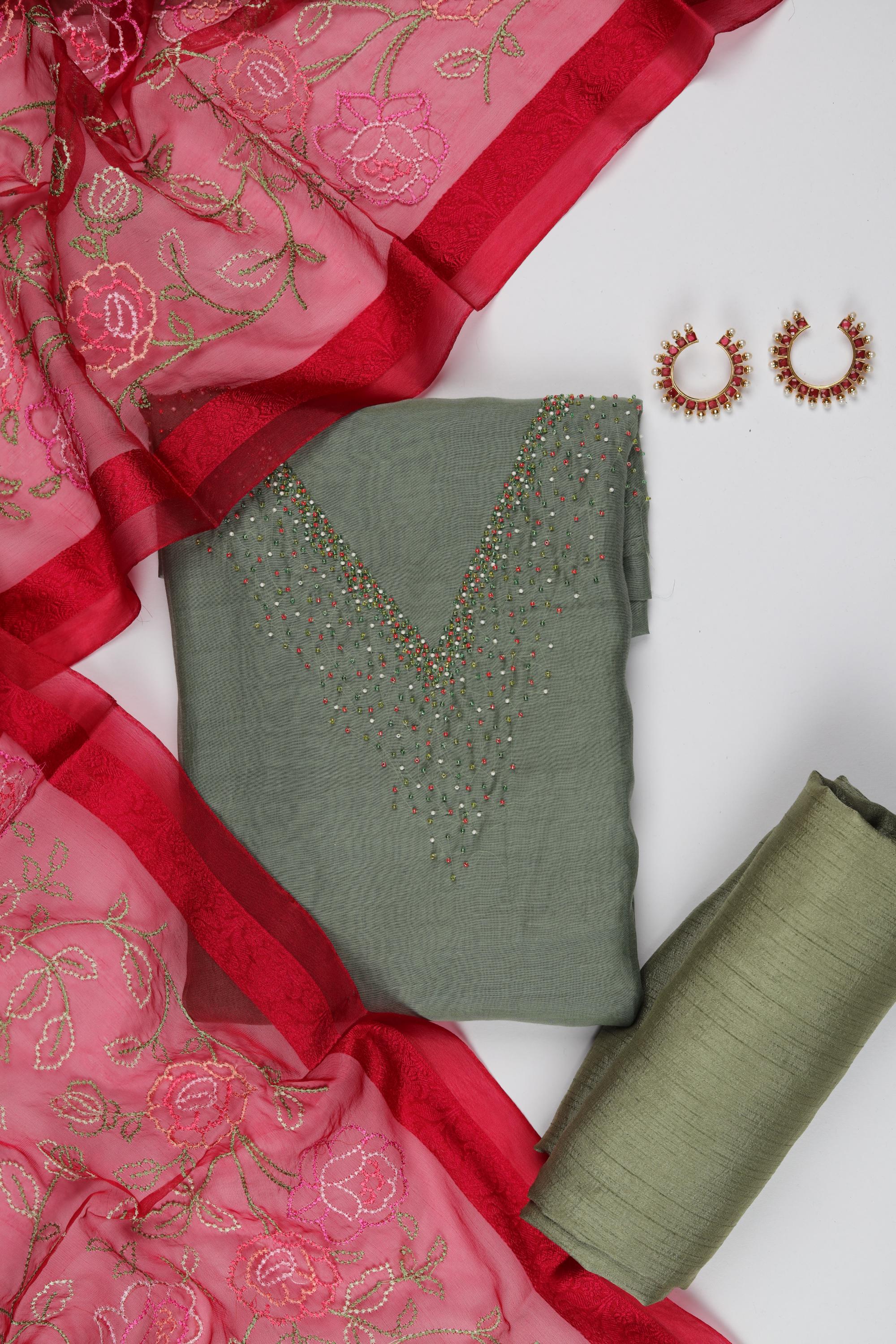 Chanderi Silk 3 Piece Unstitched Set -208