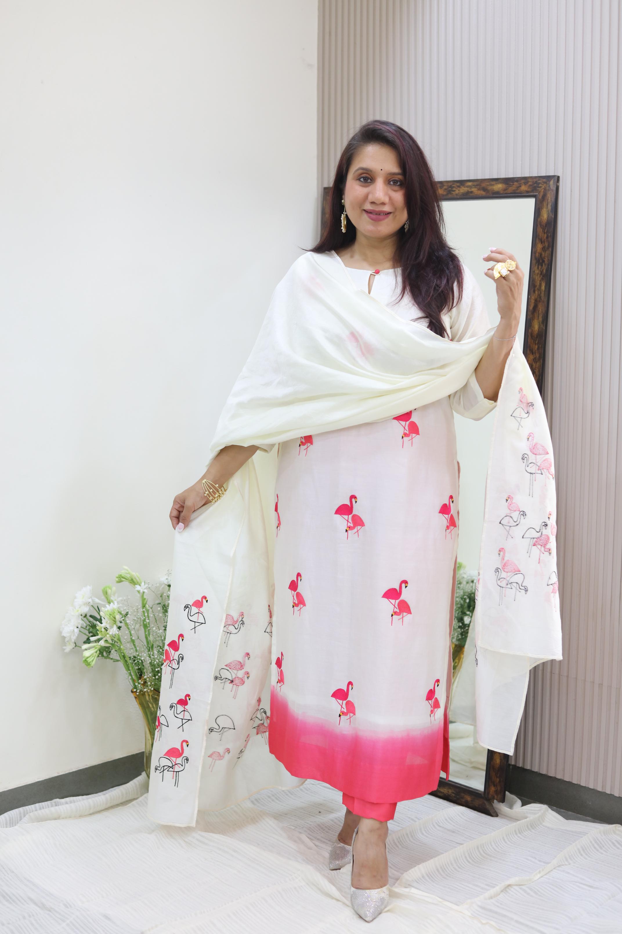 Elegant Mul Chanderi Set with Flamingo Embroidery