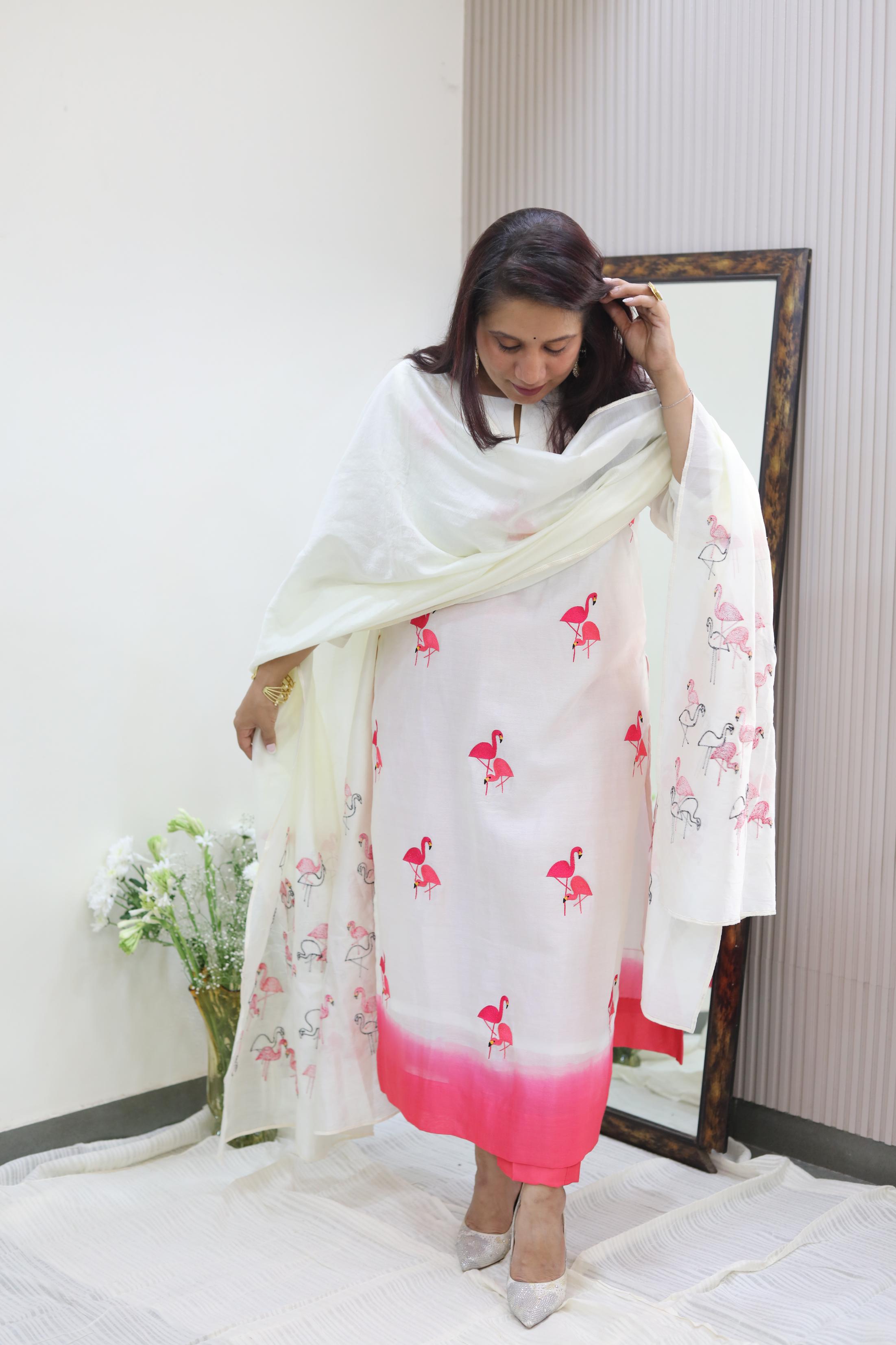 Elegant Mul Chanderi Set with Flamingo Embroidery