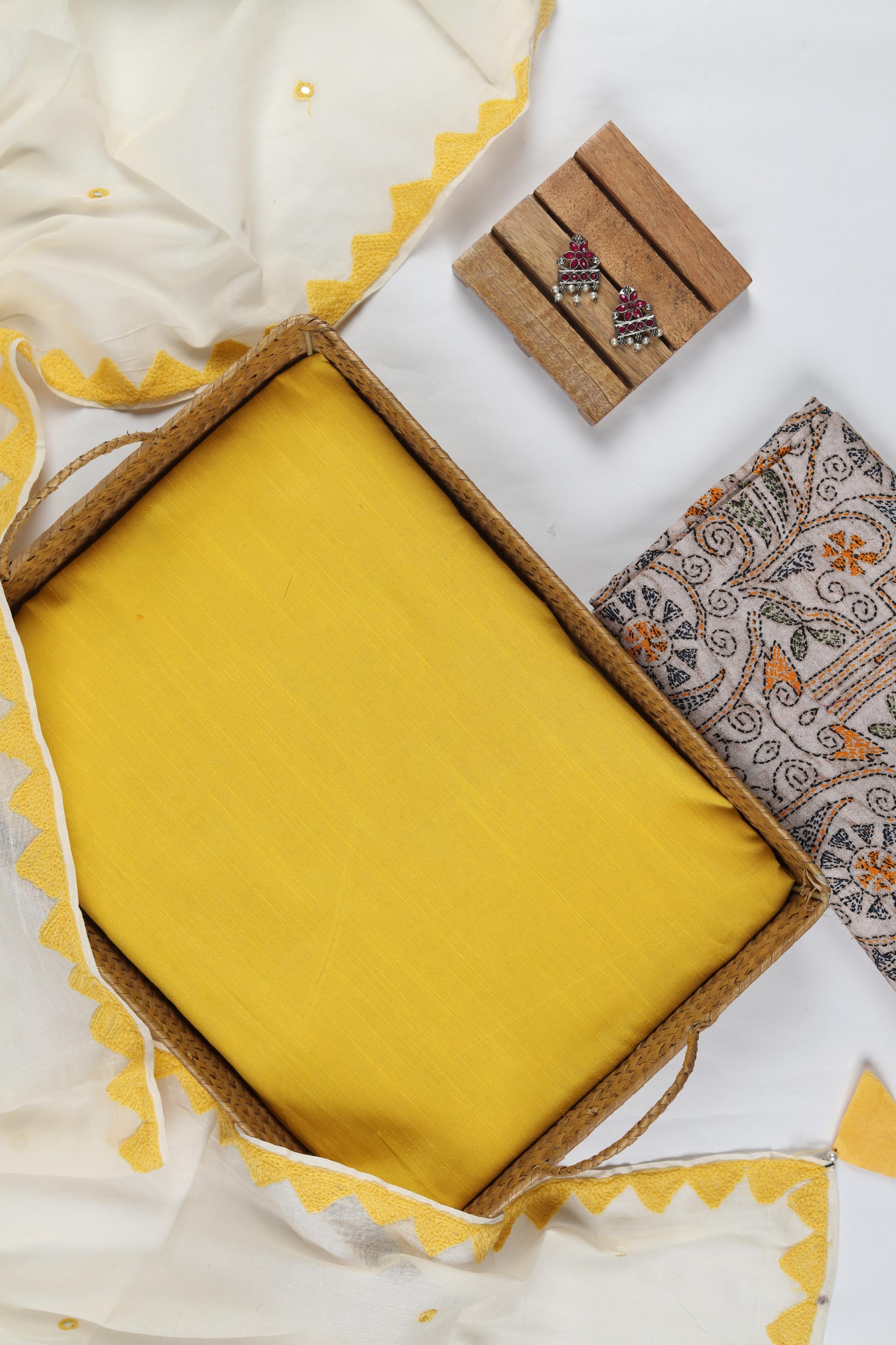 Yellow Cotton Silk  Set