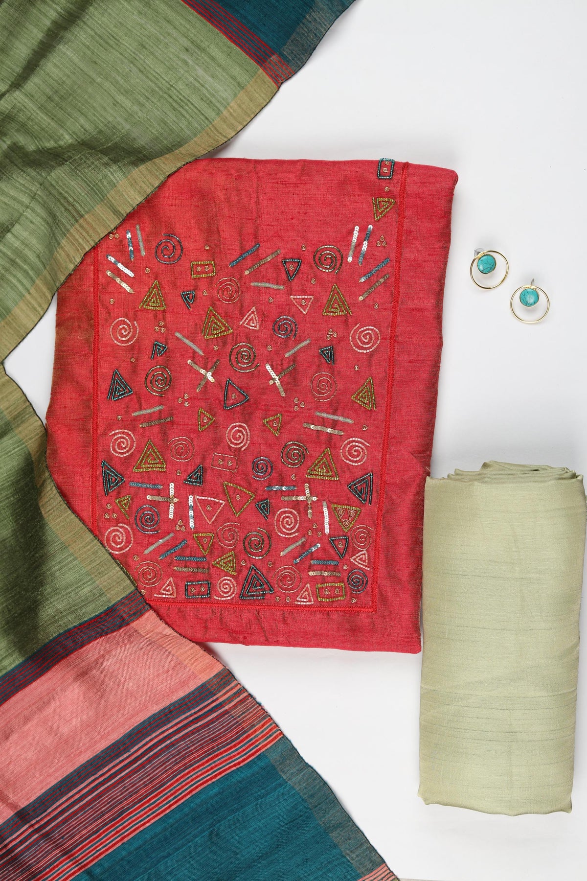 Raw Silk 3 Piece Unstitched Suit Set – Classic Ethnic Style-433