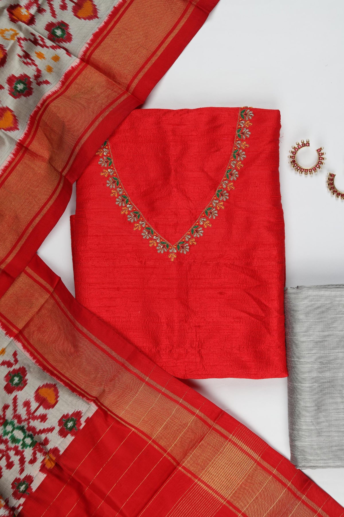 Raw Silk 3 Piece Unstitched Suit Set – Classic Ethnic Style-447
