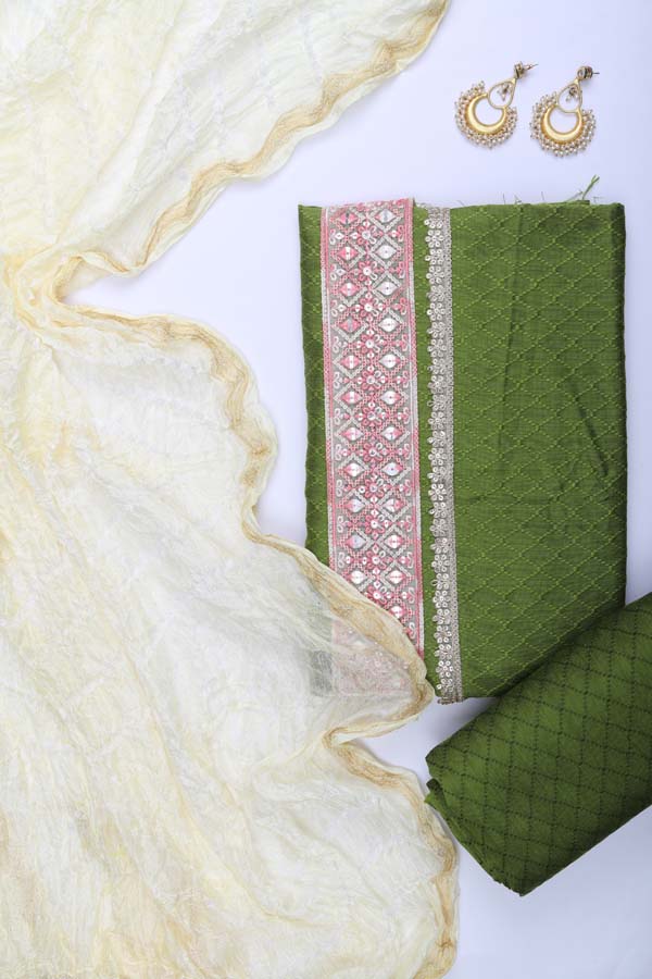 Semi Silk Bandhani Dupatta - Olive Green_Pearl White