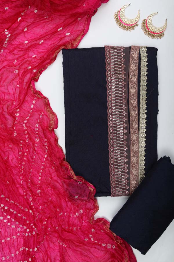 Semi Silk Bandhani Dupatta - Navy Blue_Pink