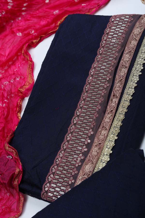 Semi Silk Bandhani Dupatta - Navy Blue_Pink