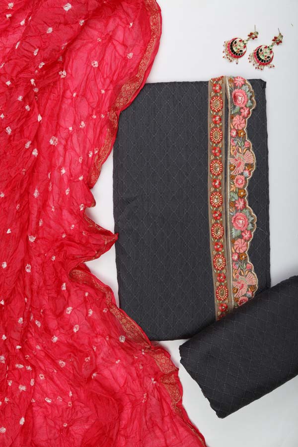 Semi Silk Bandhani Dupatta - Dark Grey_Tomato Red