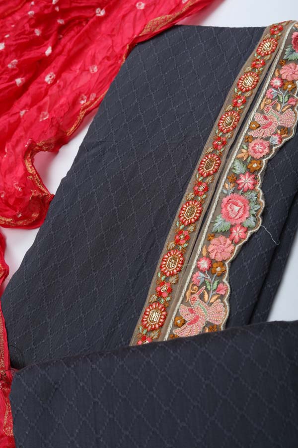 Semi Silk Bandhani Dupatta - Dark Grey_Tomato Red