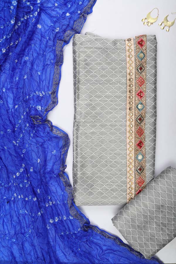 Semi Silk Bandhani Dupatta - Grey _Cobalt Blue