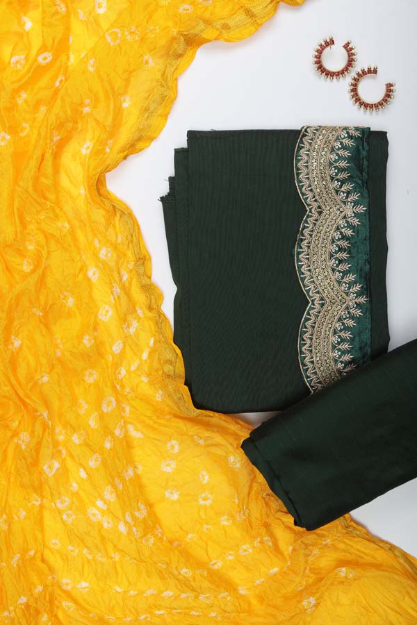 Semi Silk Bandhani Dupatta - Bottle Green_Yellow