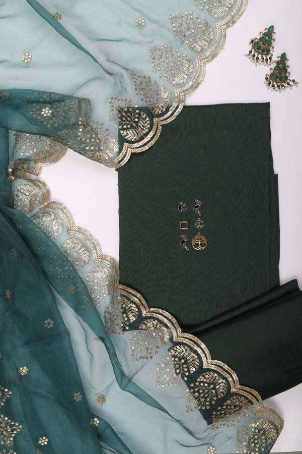 Organza Scallop Dupatta So3 - Deep Green