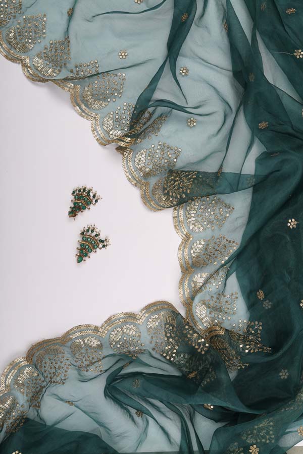 Organza Scallop Dupatta So3 - Deep Green