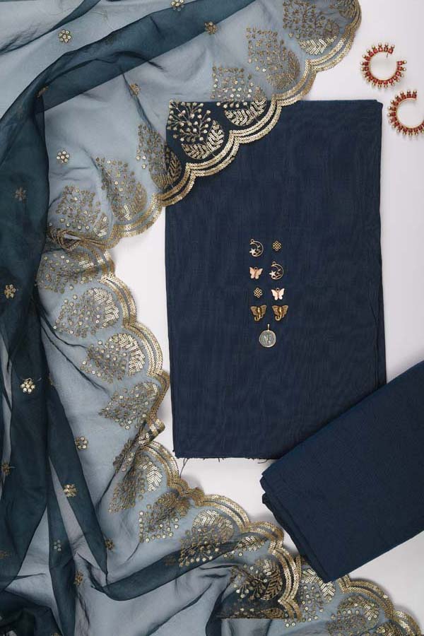 Organza Scallop Dupatta So3 - Deep Blue