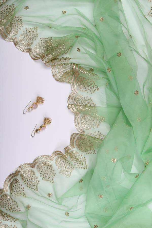 Organza Scallop Dupatta So3 - Pista Green