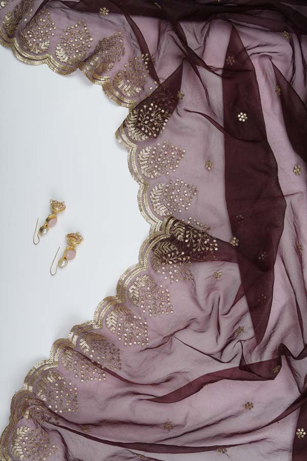 Organza Scallop Dupatta So3 - Wine Red